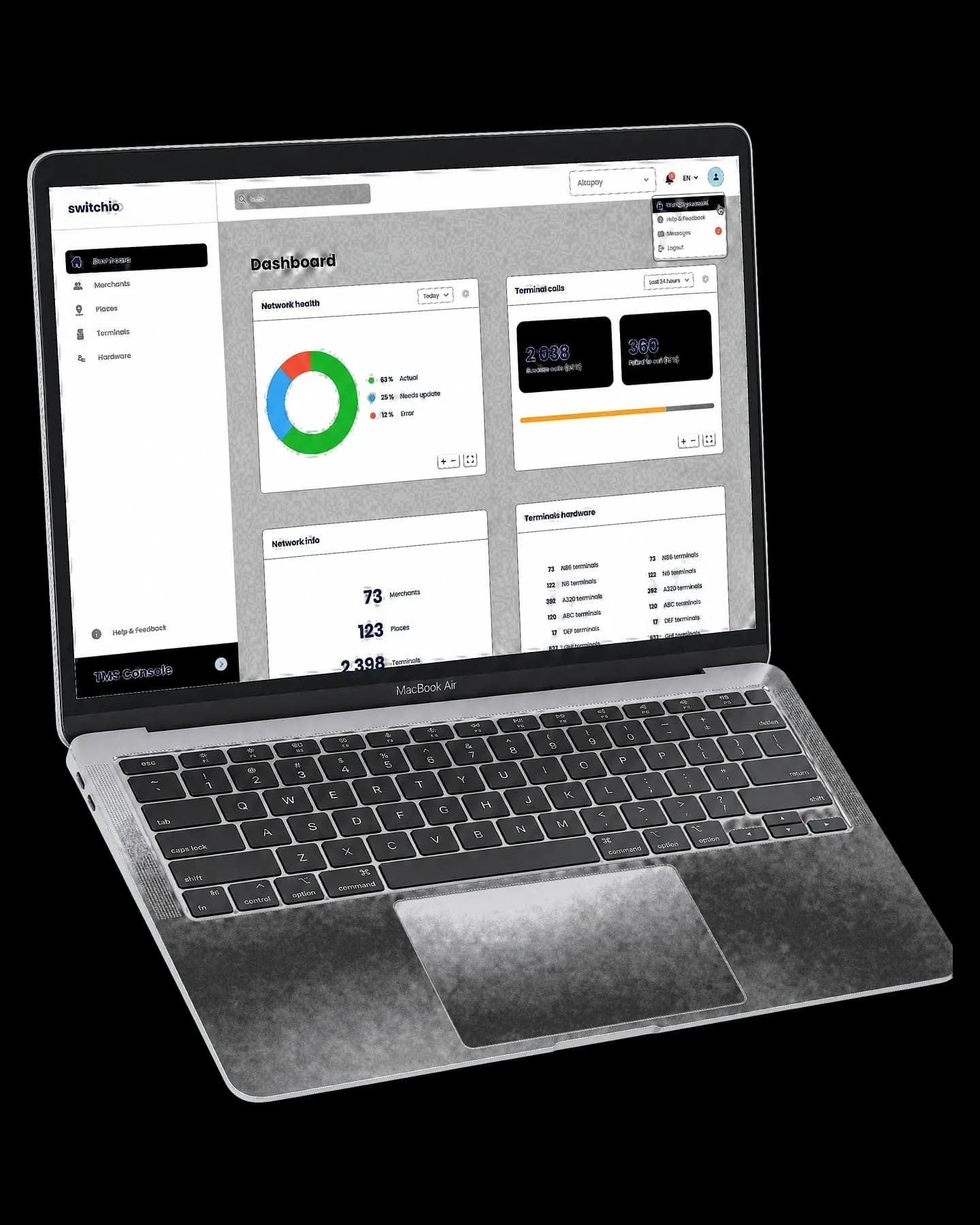 The Switchio terminal management system on a laptop