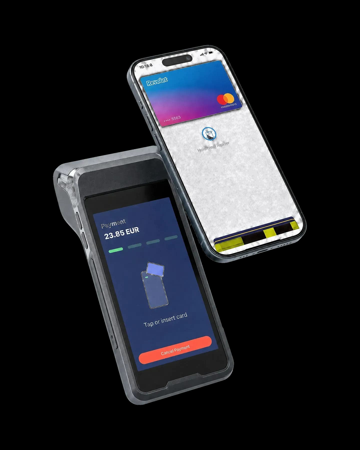 Phone with a digital wallet card tapping an Android payment terminal that asks for 23.85 EUR