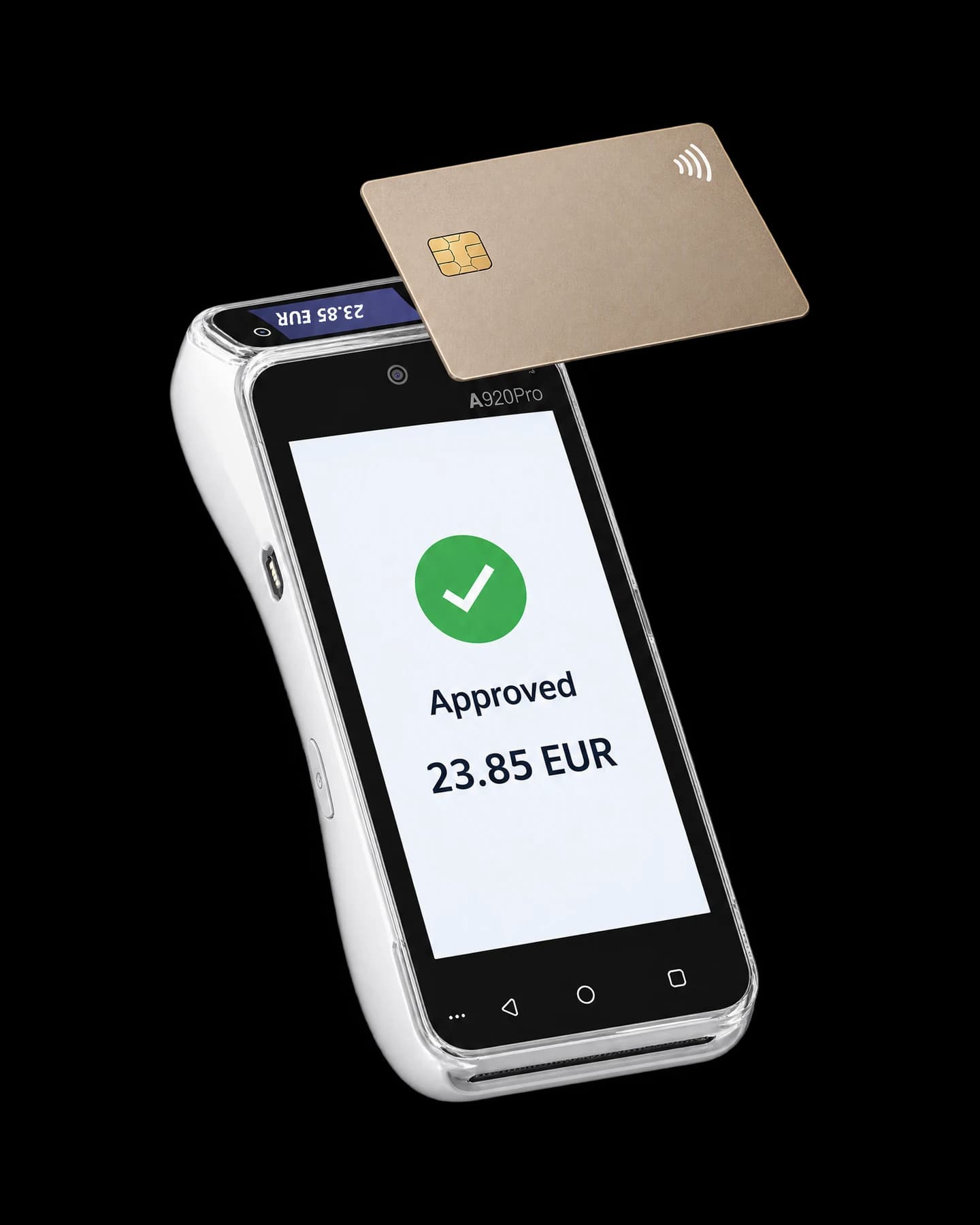 PAX A920Pro Duo Android Smart POS showing an approved payment of 23.85 EUR as a contactless card taps it, the same amount on the customer display